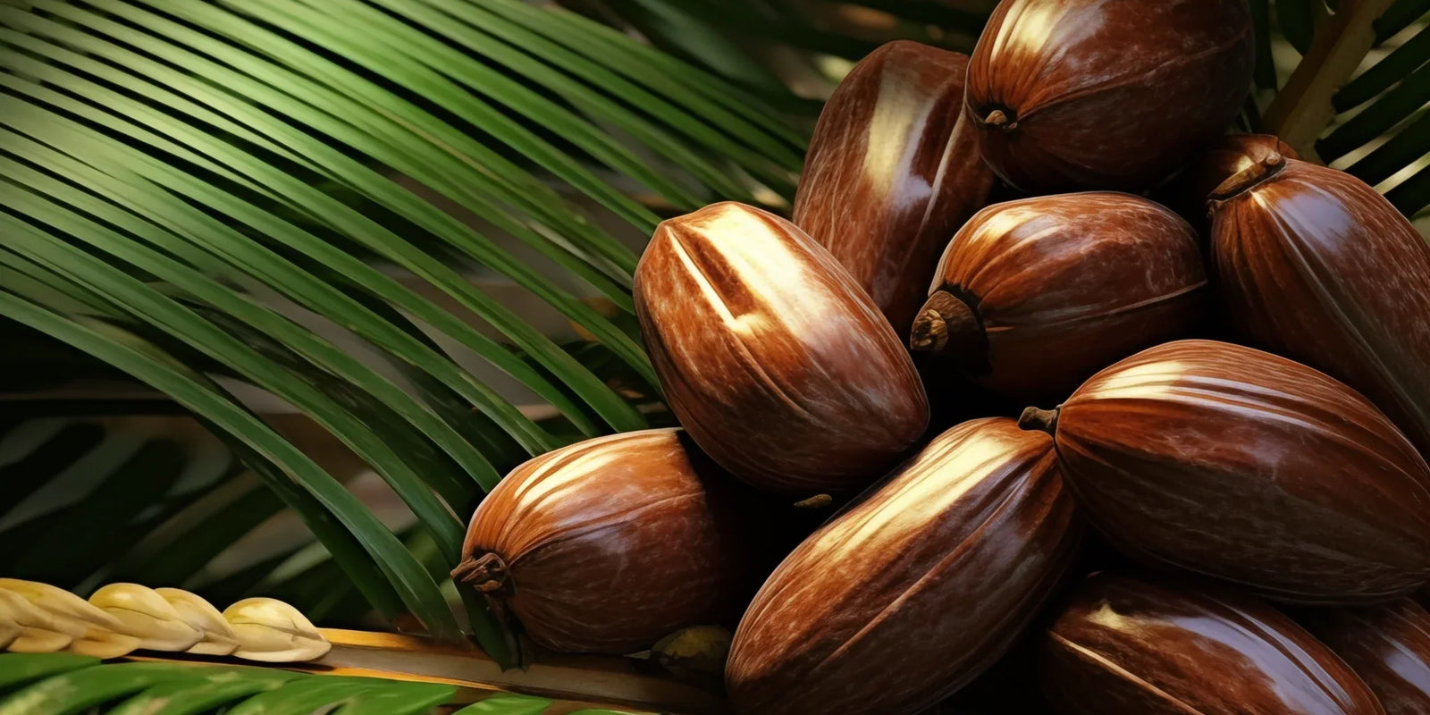 batana palm nuts sitting on a bunch of palm leaves