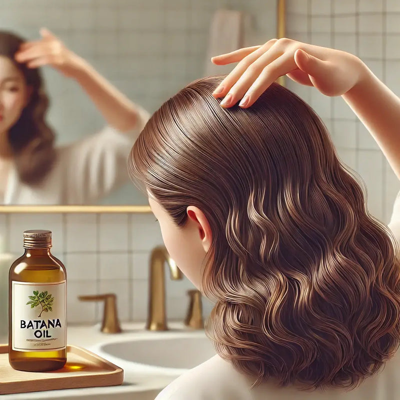 Girl applying batana oil by Keyoma on hair