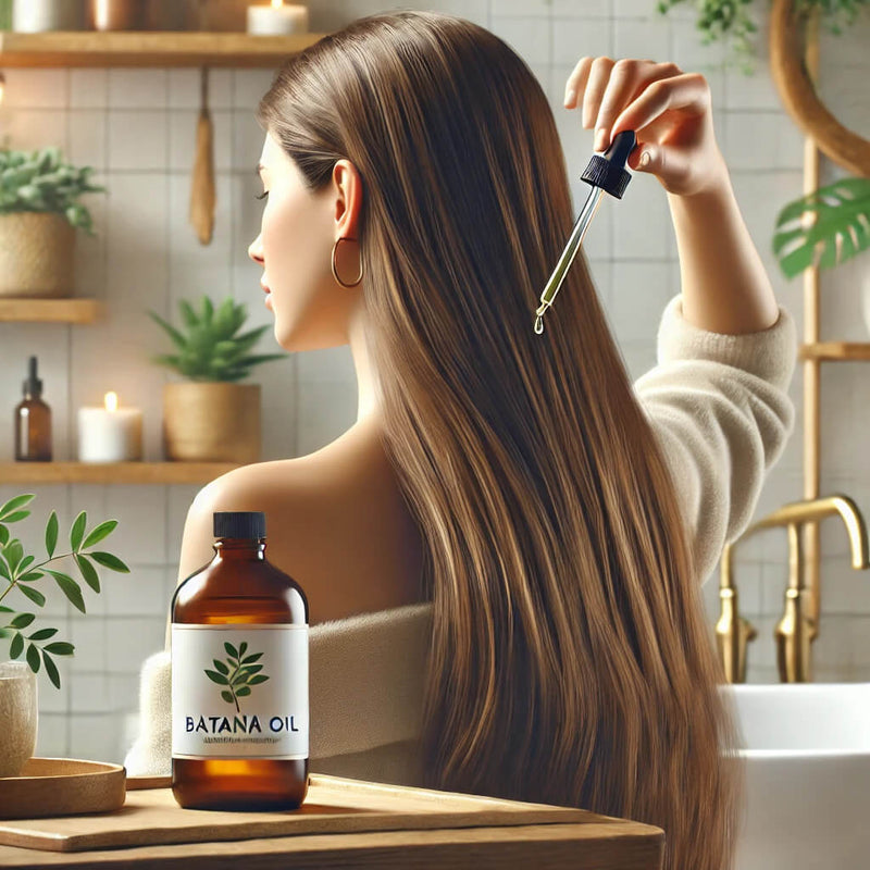 Woman using Batana oil By Keyoma for hair growth