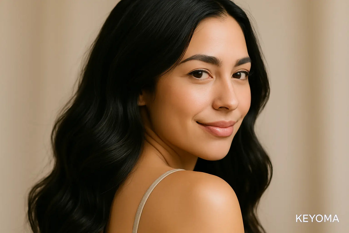 Keyoma image of a young woman with healthy, dark hair smiling at the camera