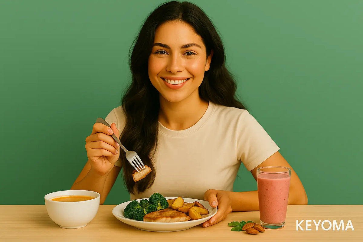 Keyoma illustration showing a smiling woman at a dining table, with a plate full of meat and greens, a bowl of soup, and a strawberry smoothie