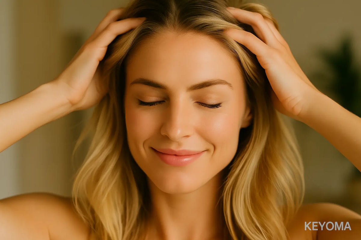Keyoma image of a woman observing good scalp care routine practices