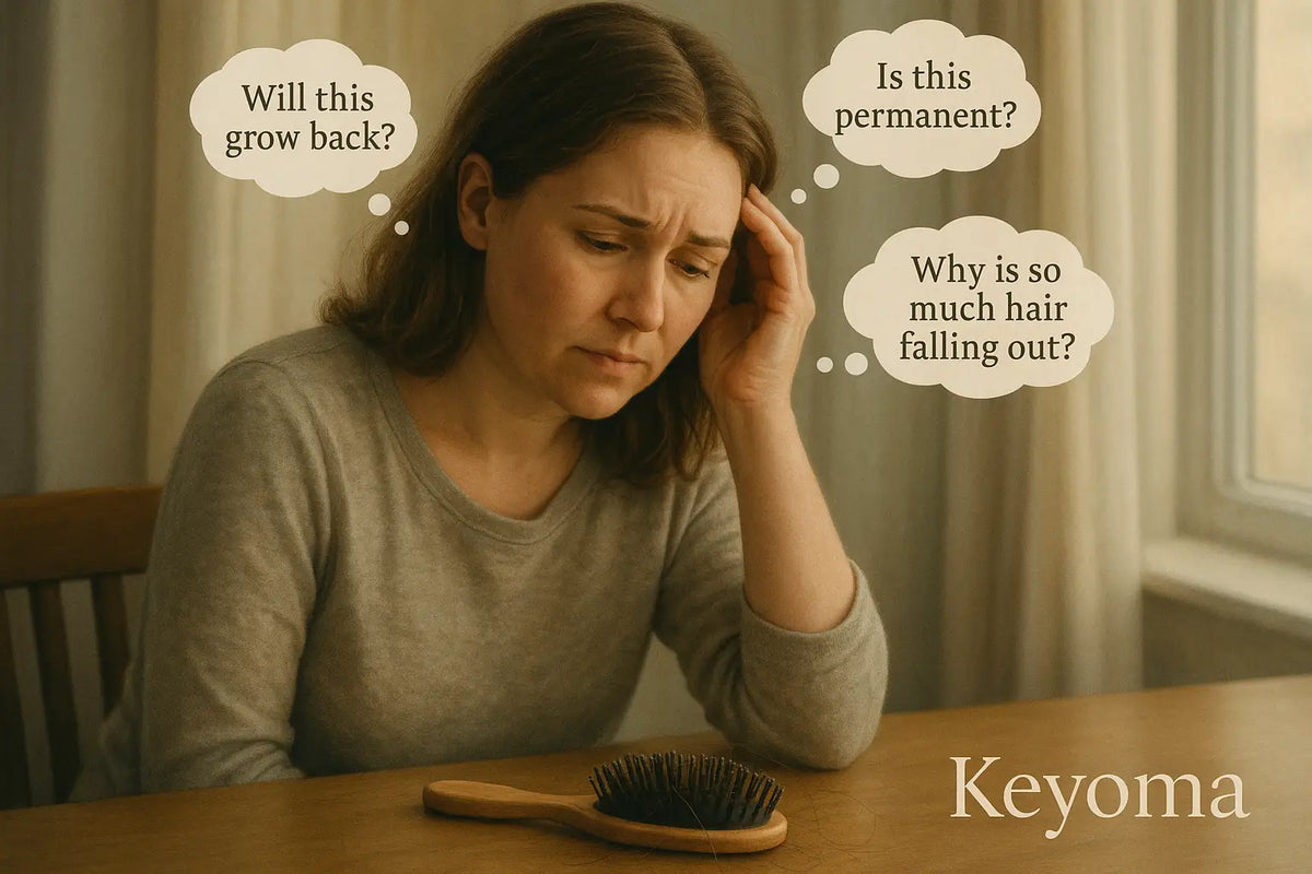 A woman looks down at a hairbrush full of shed hair, expressing concern about her hair loss. This scene captures the emotional impact of shedding, as featured by Keyoma.