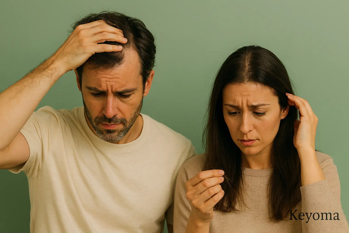 Concerned man and woman examining their hair, each displaying visible signs of hair loss