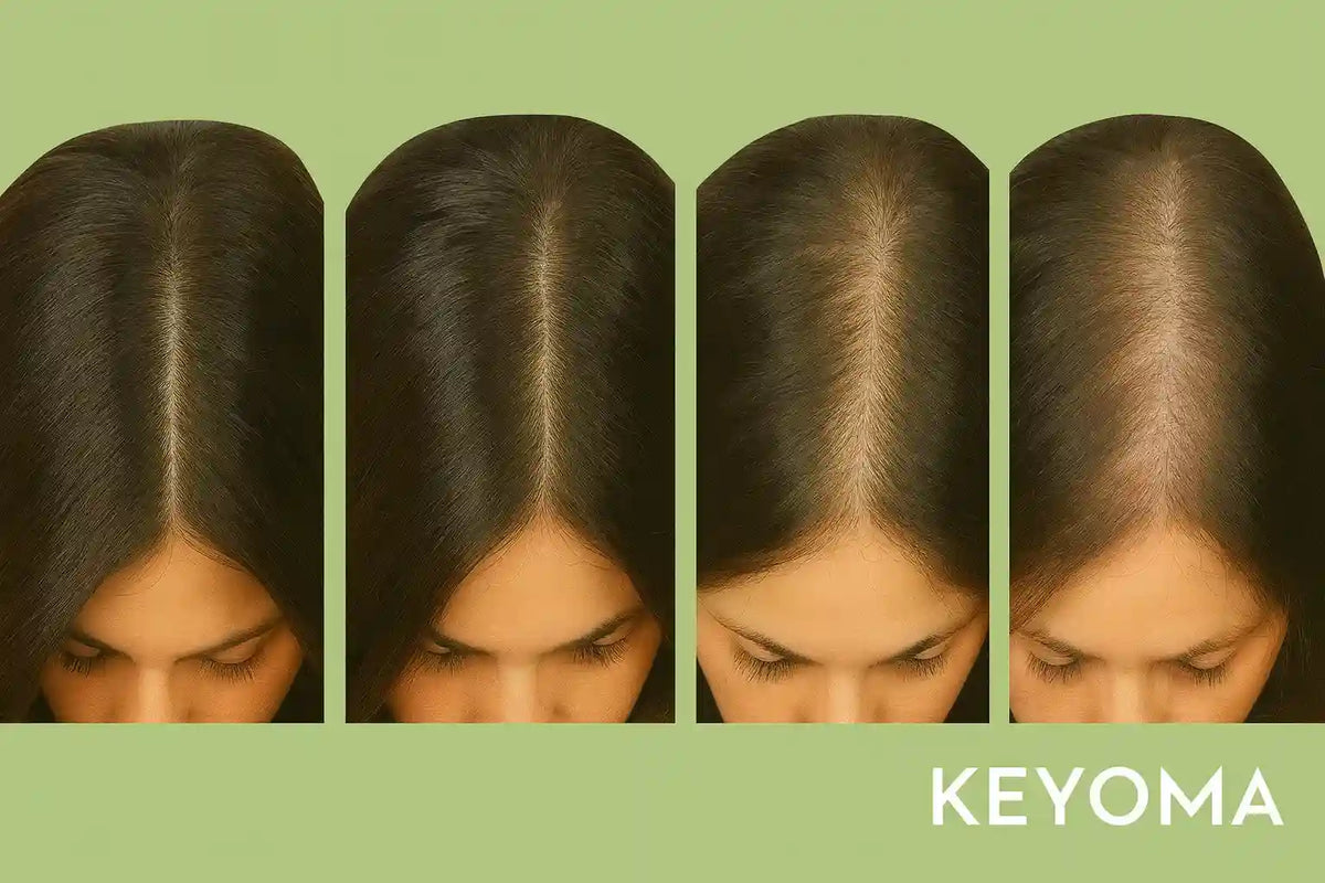 progression of female hair thinning from full, dense hair to visibly sparse coverage