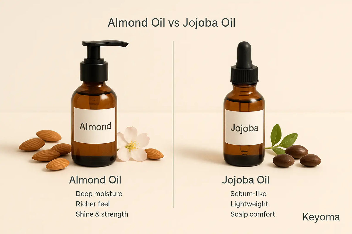Keyoma side by side display of almond oil and jojoba oil with their main hair benefits.