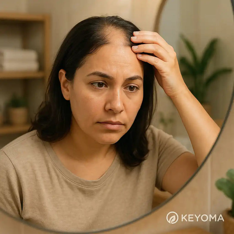 A Hispanic woman examining a bald spot in the mirror, visually representing alopecia areata symptoms. Keyoma is noted in the bottom right.