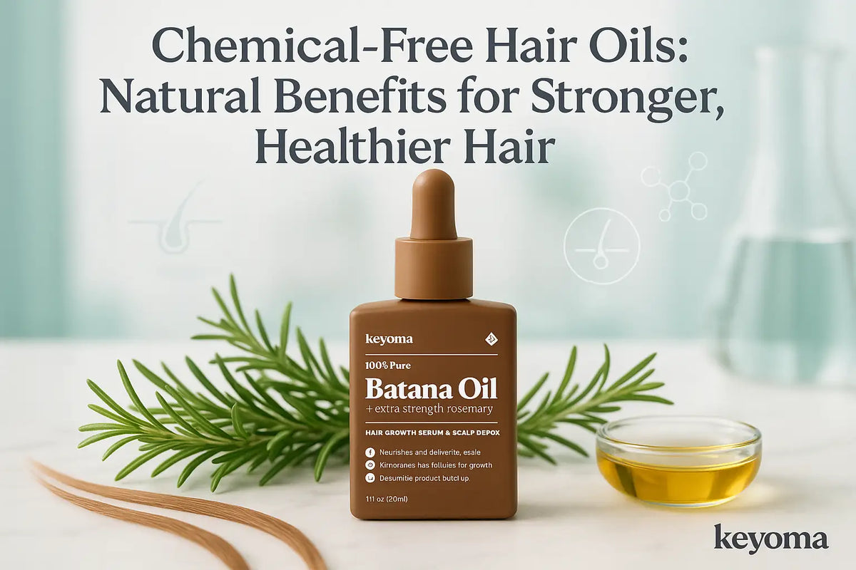 A Keyoma Batana Oil bottle with rosemary and a small bowl of oil on a clean surface, highlighting its natural, chemical-free benefits for healthier hair.