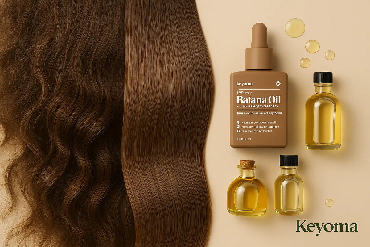Keyoma Batana Oil is shown with other natural oils beside wavy and straight hair, highlighting its ability to nourish and smoothen hair naturally.