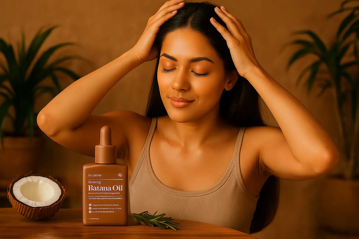 A woman massages her scalp while using Keyoma Batana Oil, showing a relaxing natural hair care ritual for deep hydration and nourishment.