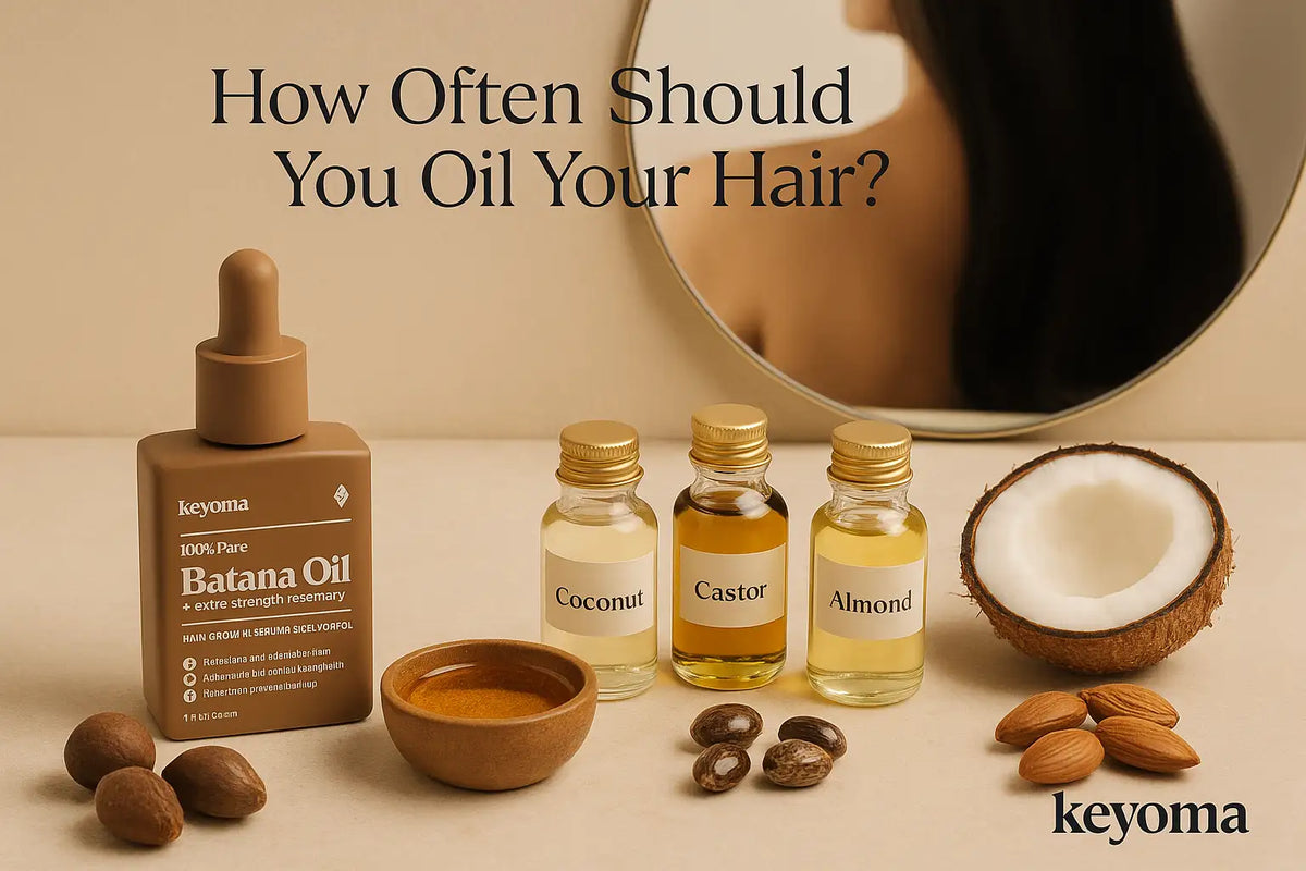 A Keyoma Batana Oil bottle displayed with coconut, castor, and almond oils on a vanity, highlighting natural ingredients for healthy hair care.