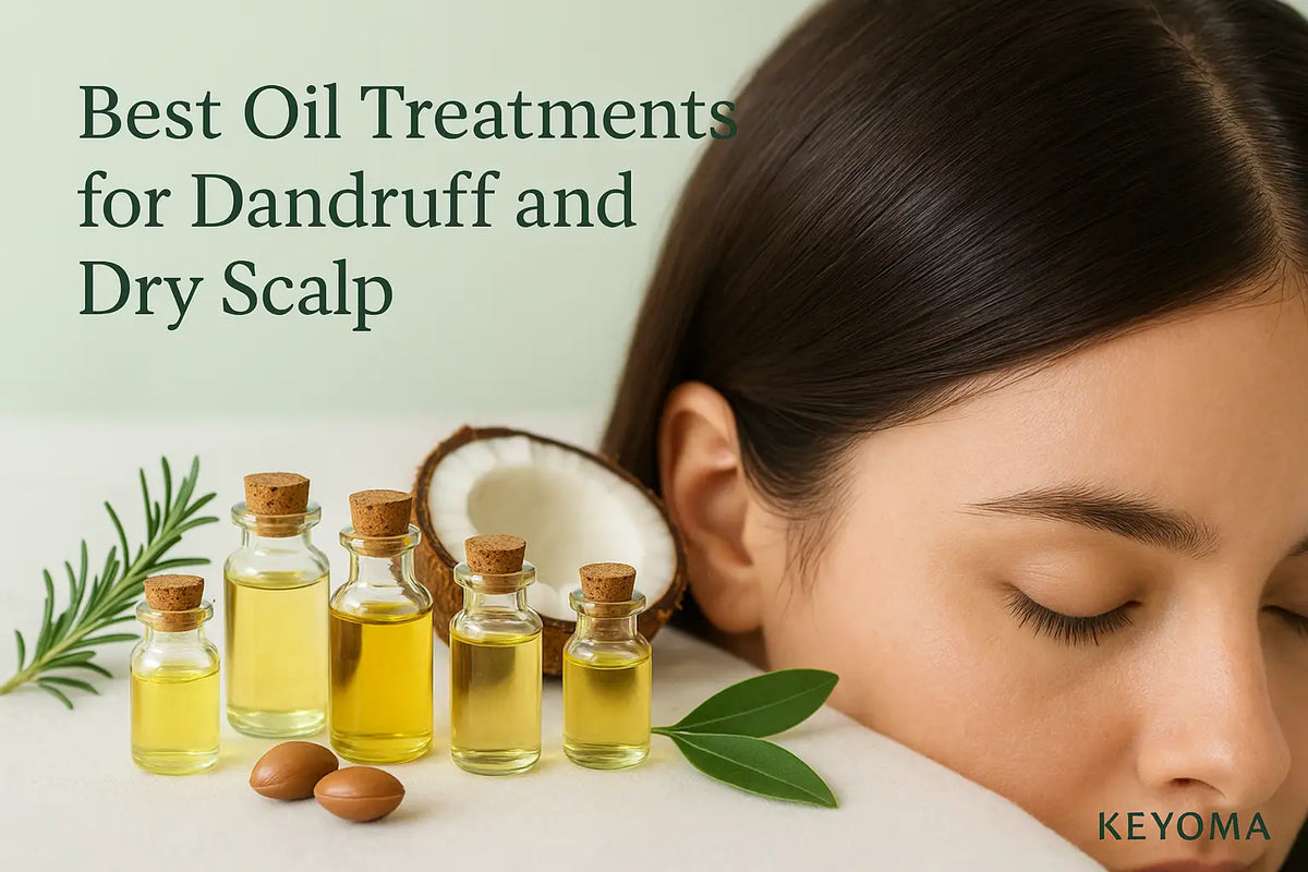 A Keyoma image showing bottles of natural oils, coconut, rosemary, and argan seeds beside a woman with smooth hair, promoting oil treatments for dandruff and dry scalp.
