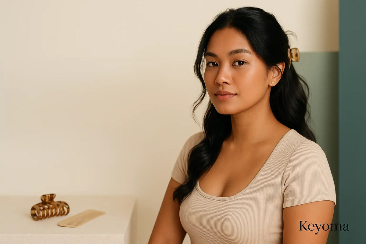 Woman with soft waves wears a claw clip, seated beside comb; Keyoma highlights everyday styling and accessories.