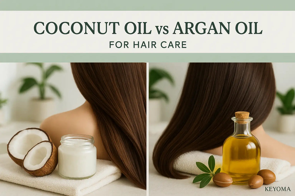 A Keyoma image showing side-by-side displays of coconut oil and argan oil with long, healthy hair, promoting their benefits for hair care.