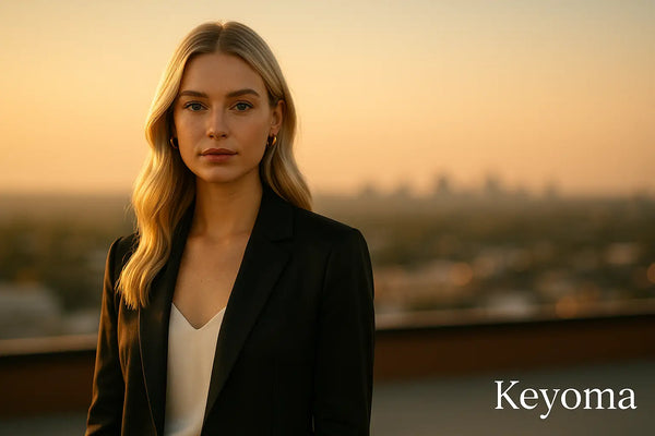 Blonde woman with soft waves on a rooftop at golden hour, Keyoma styling, cityscape background.