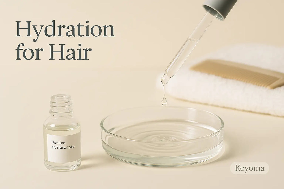 Keyoma minimal scene features a sodium hyaluronate bottle and a glass dropper releasing a bead into a dish to illustrate hydration for hair.