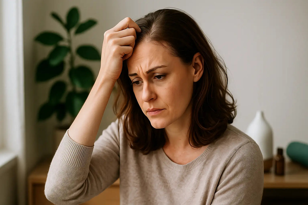 A woman examines her thinning hairline in concern, illustrating early signs of hair loss that Keyoma aims to address through natural care.