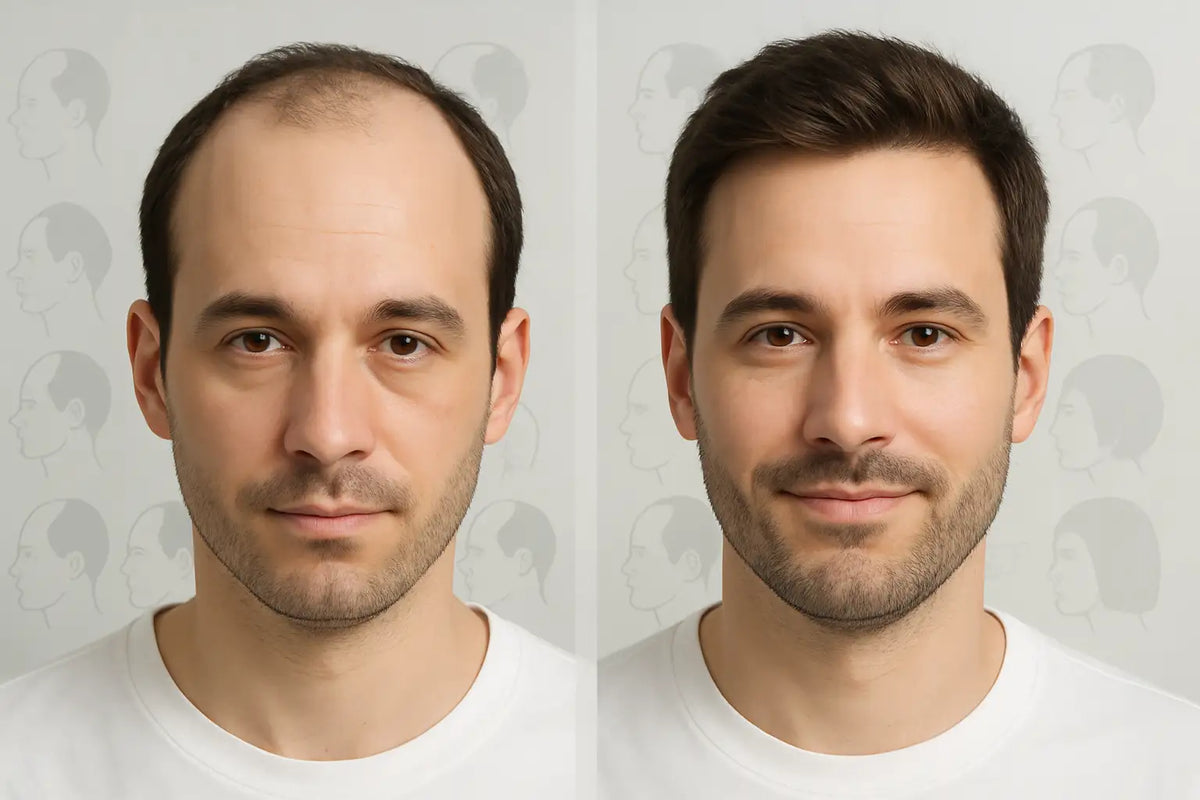 A visual comparison of a man before and after hair restoration, highlighting potential improvements with consistent care and natural treatments like Keyoma Batana Oil.