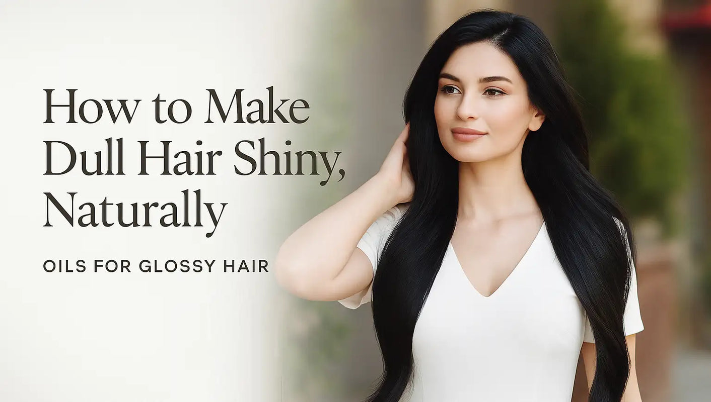 A woman with long glossy black hair is shown outdoors beside text that reads “How to Make Dull Hair Shiny, Naturally,” representing Keyoma’s guide to oils for glossy hair.