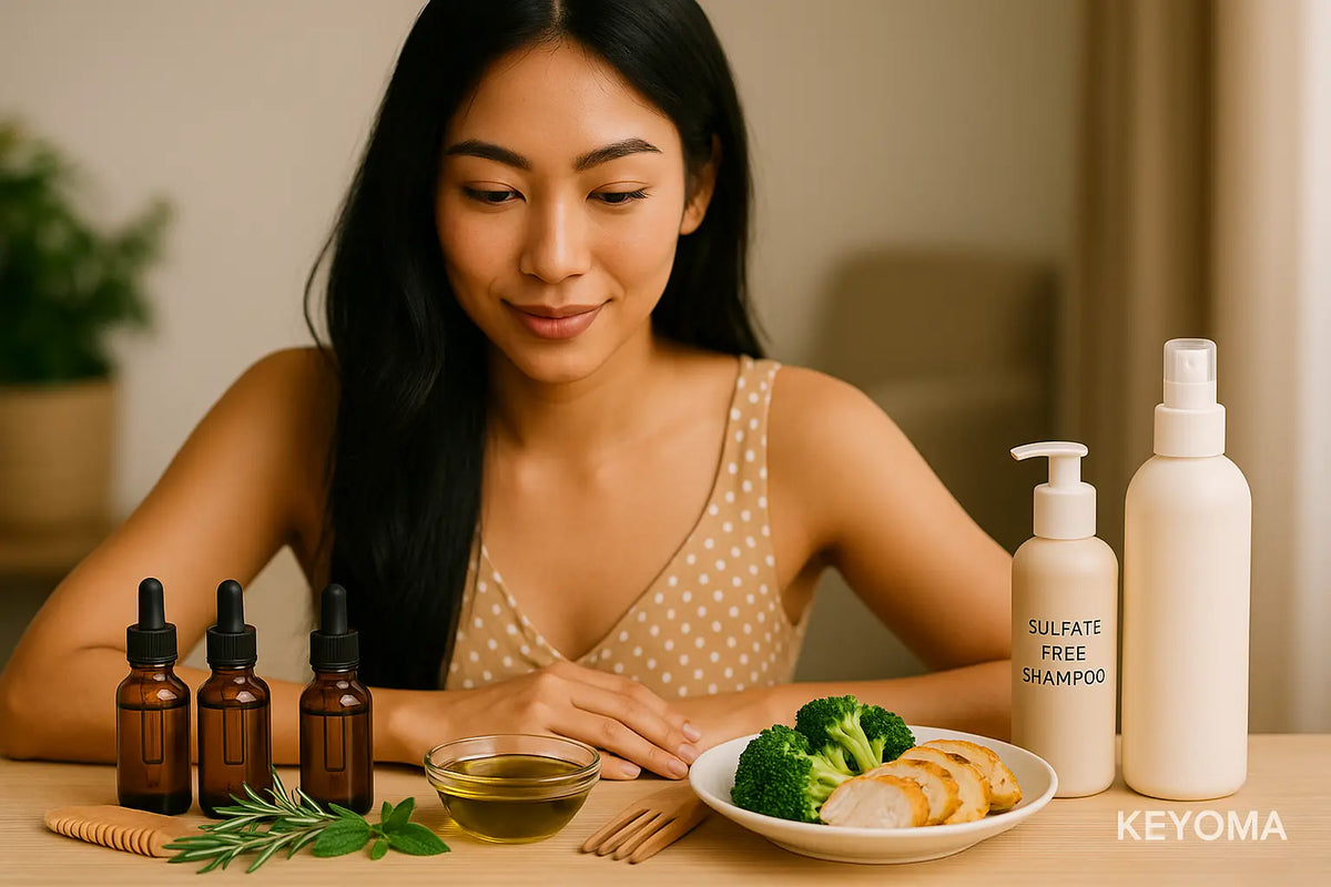 Keyoma image of a woman in front of bottles of hair nourishing oils, bottles of hair products, and a healthy meal