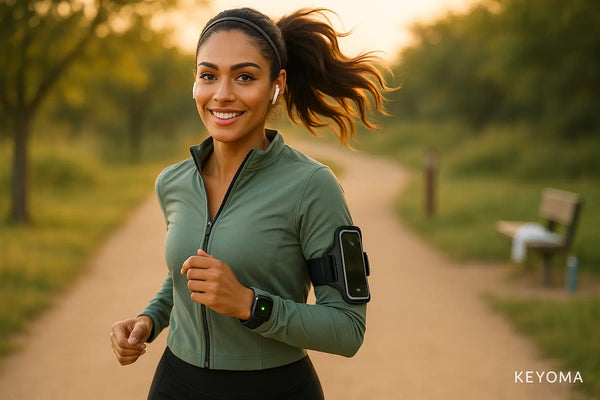 Smiling runner with ponytail and smartwatch jogs at sunset, Keyoma illustrates exercise for healthier hair.
