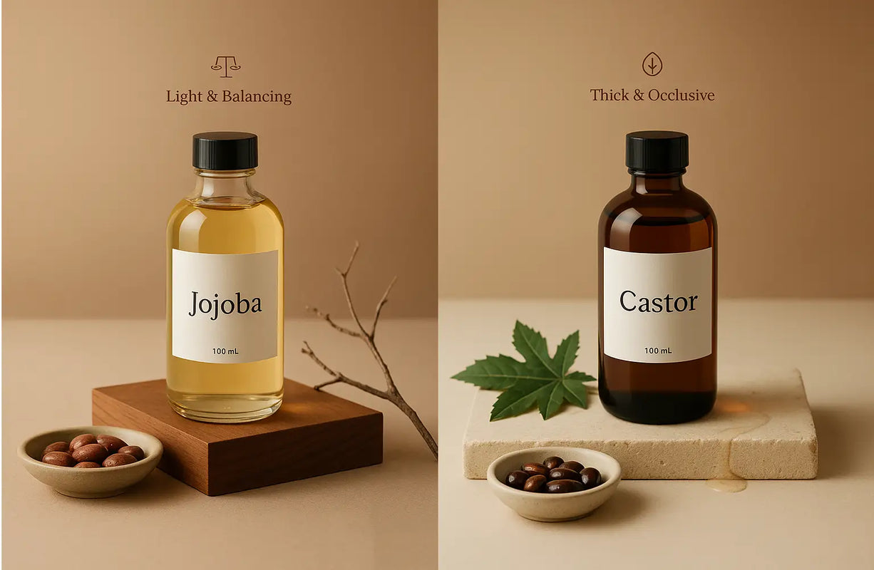 Keyoma photo comparing jojoba oil labeled “light & balancing” on a wooden block with seeds and castor oil labeled “thick & occlusive” on a stone slab with a leaf, showing different textures for hair care.