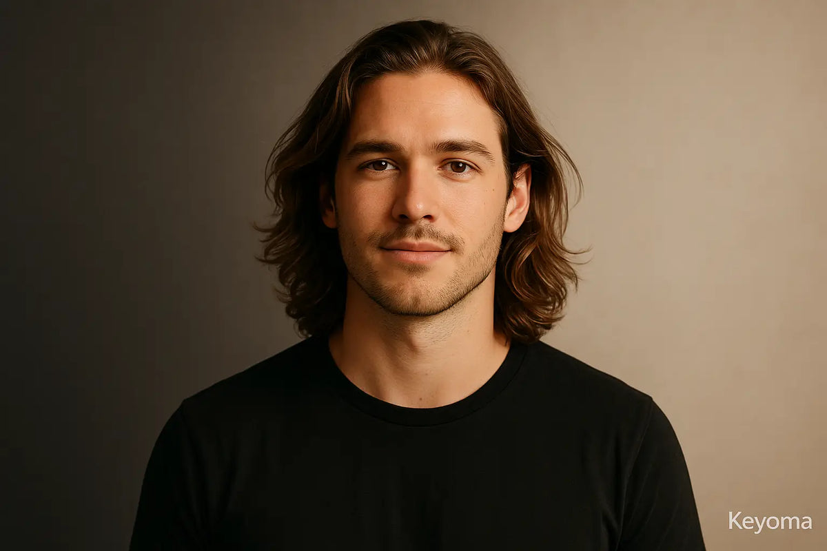 Portrait of long-haired man in black tee against warm studio gradient; Keyoma highlights healthy shine, grooming.