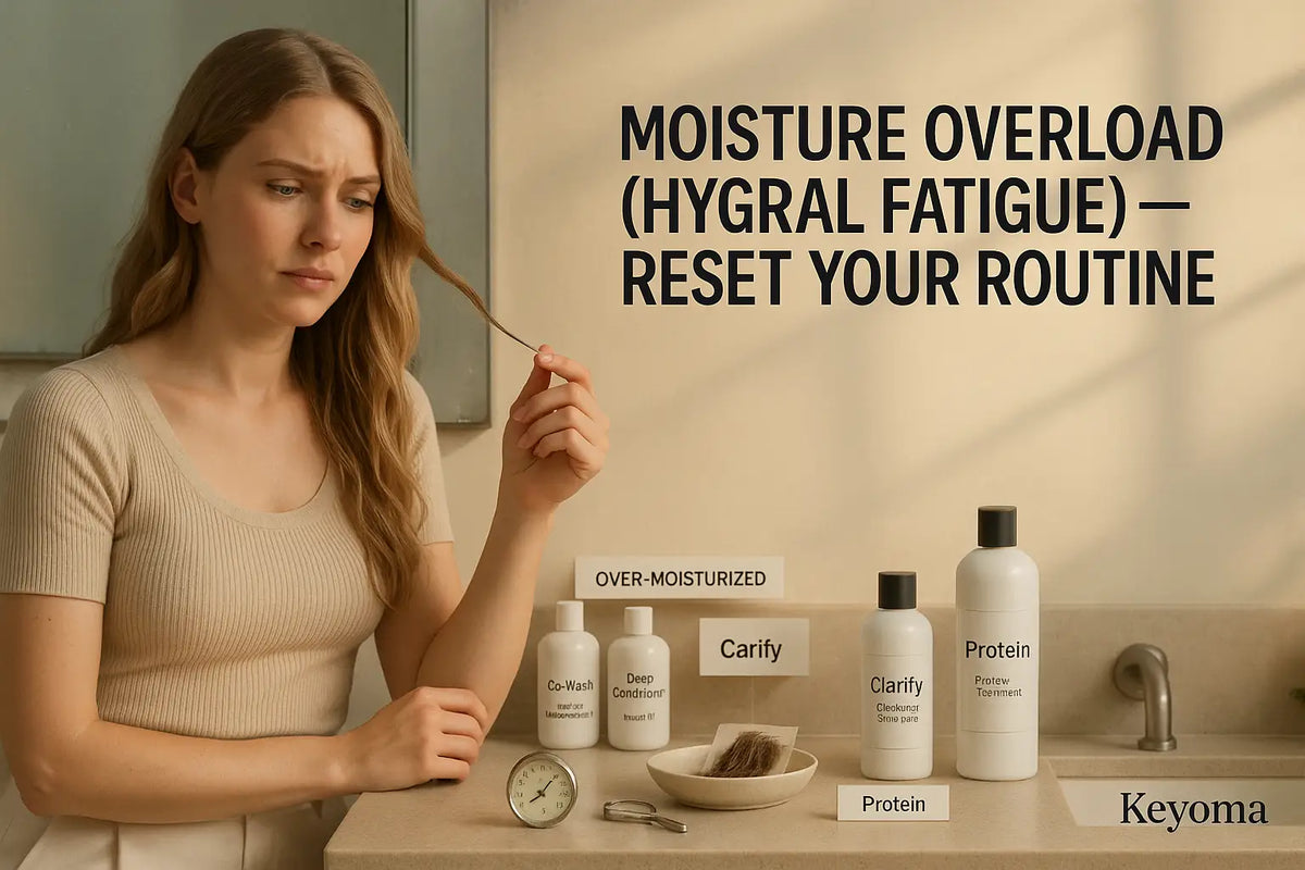 A woman inspects a limp hair strand beside clarify and protein products, illustrating Keyoma guidance for resetting a routine after moisture overload or hygral fatigue.