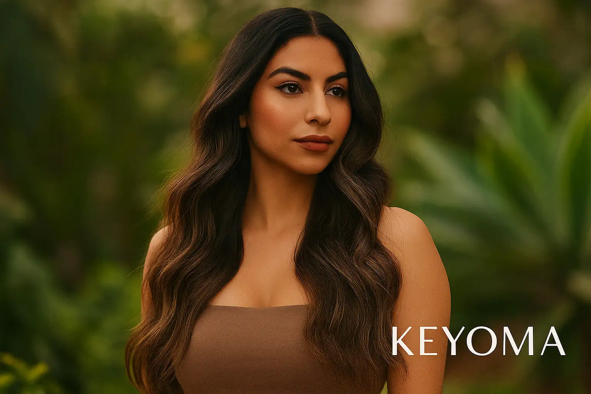 A Keyoma visual of a woman with long, healthy, wavy hair in a natural setting, representing the benefits of cultural remedies for hair care and nourishment.