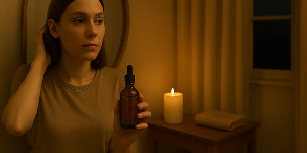 Keyoma nighttime routine showing a woman wondering if she can leave Batana oil in her hair before bed.