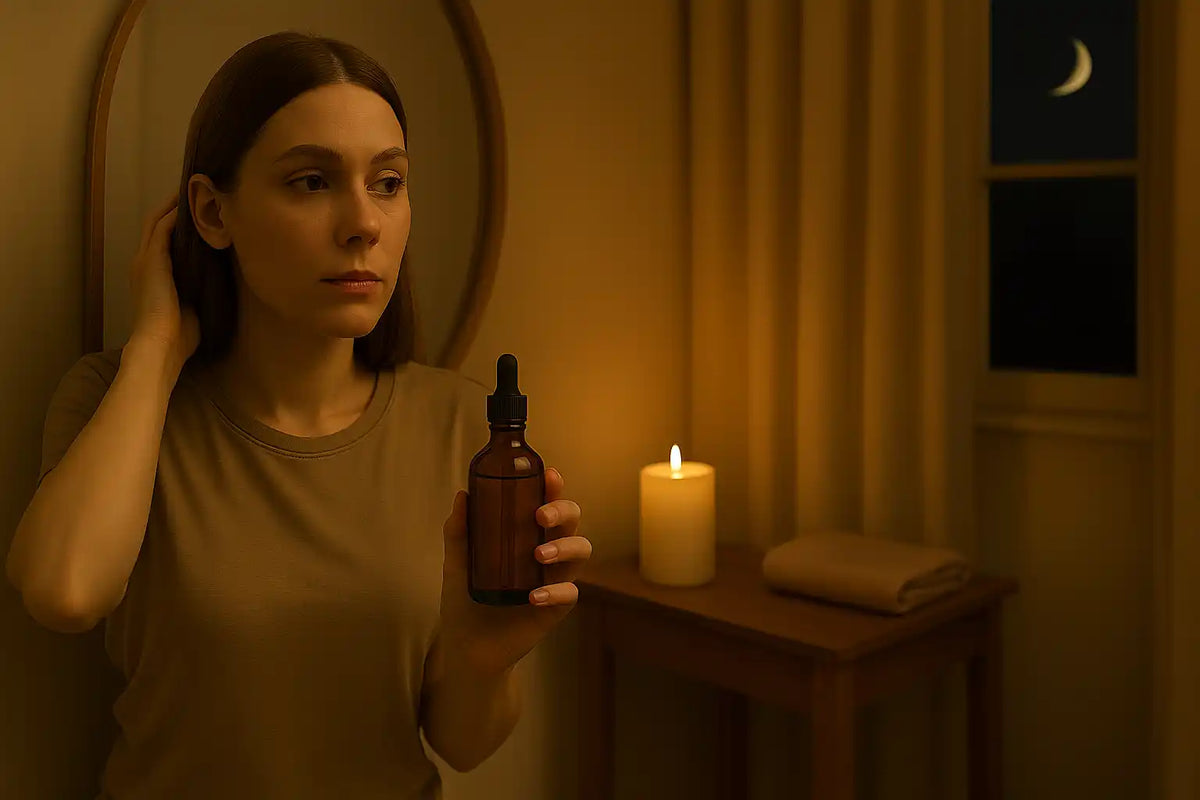 Keyoma nighttime routine showing a woman wondering if she can leave Batana oil in her hair before bed.