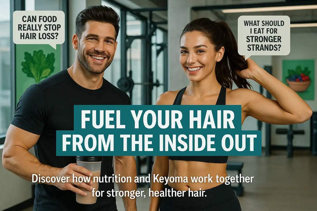 A fitness-focused visual from Keyoma promoting the role of proper nutrition in supporting stronger, healthier hair from the inside out.