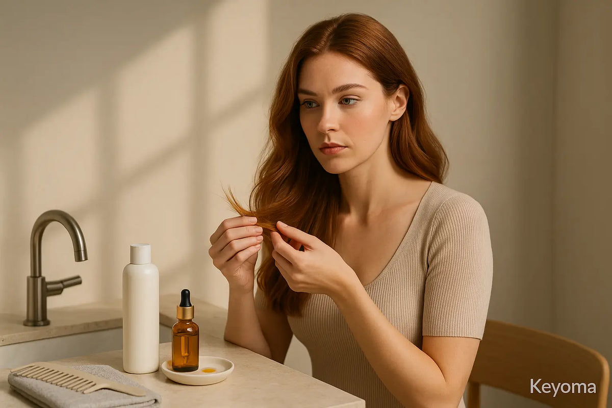 A woman with long red hair examines her split ends at a bathroom counter beside a shampoo bottle, a dropper of hair oil, and a wooden comb, reflecting Keyoma guidance for treating dry ends.