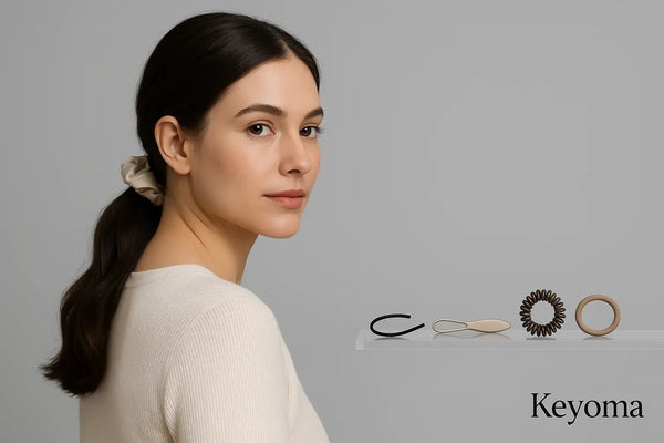 Woman with low ponytail scrunchie faces camera beside assorted hair ties; Keyoma showcases gentle, snag-free accessories.