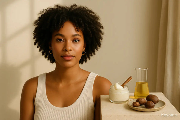 Curly-haired woman sits beside shea butter jar, oil beaker, and nuts; Keyoma showcases moisturizing nourishment.