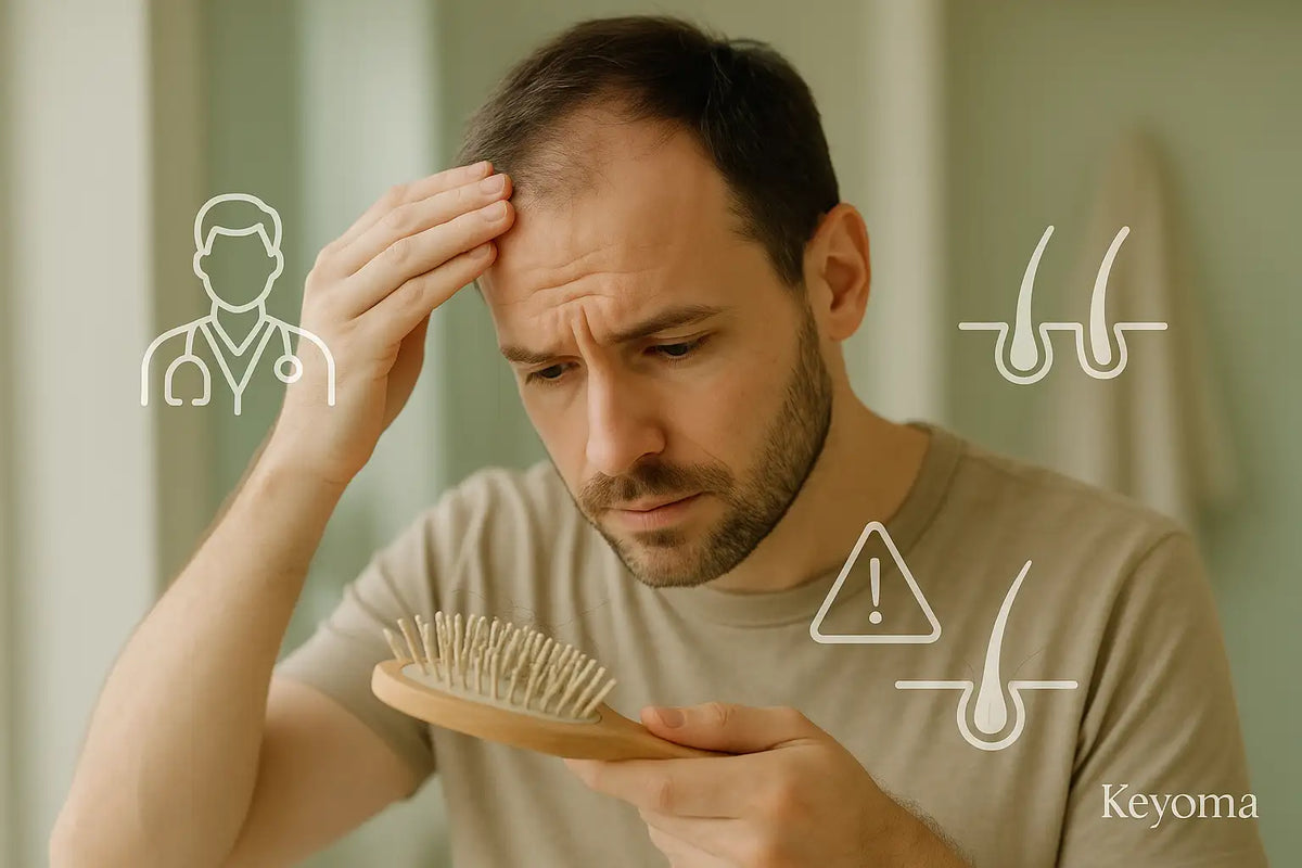 A man inspects hair on his brush while looking concerned; this Keyoma visual highlights the need to consult a specialist when noticing visible hair thinning or loss.