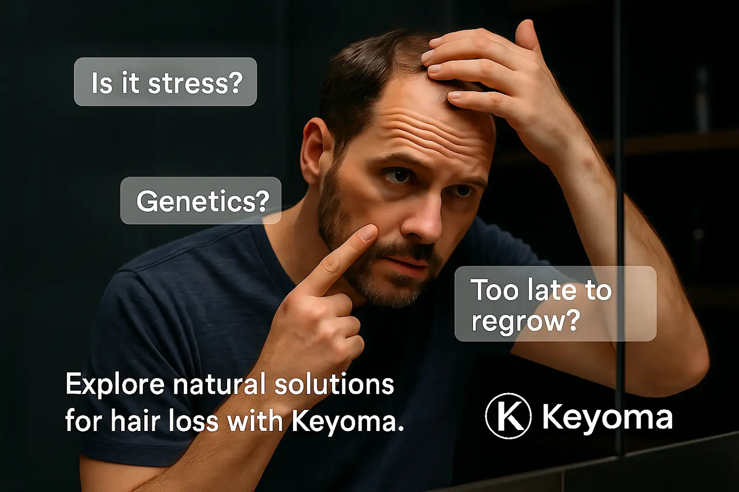 A concerned man examines his receding hairline in the mirror, questioning if stress or genetics are to blame, while Keyoma encourages him to explore natural hair loss solutions.