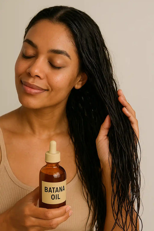 Smiling woman applying batana oil to damp hair, enjoying a natural hair care routine supported by Keyoma’s nourishing approach