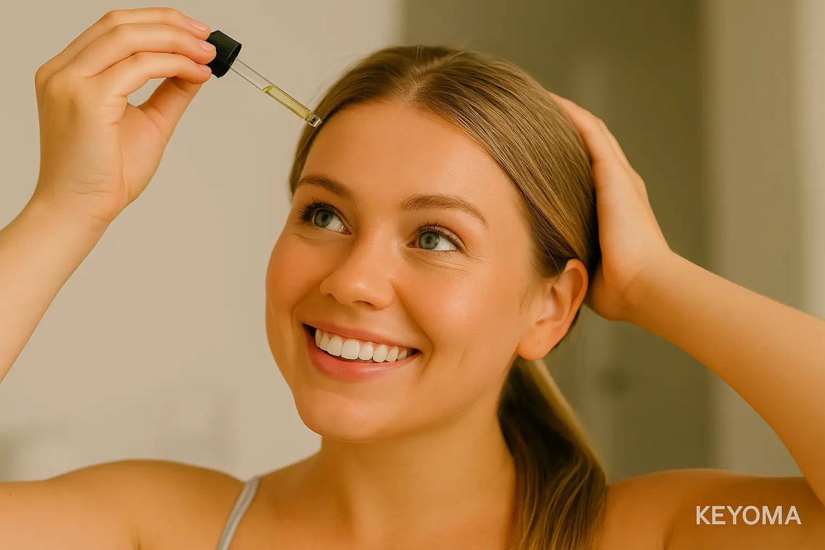 Keyoma image of a woman applying nourishing scalp oil for hair growth