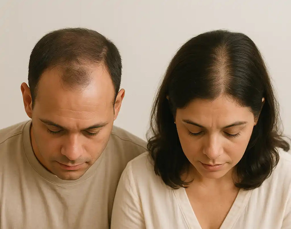 A realistic image of a Hispanic man and woman both showing subtle crown thinning, used in a Keyoma article to educate and support readers managing hair loss.