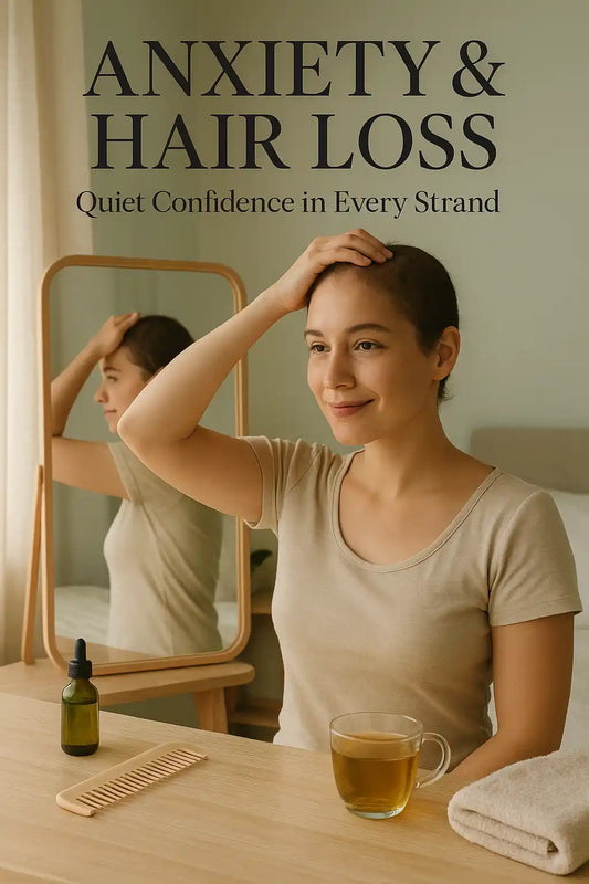 A woman gently touches her shaved head while looking in the mirror, expressing calm acceptance of hair loss. Keyoma highlights the connection between anxiety and hair health in a peaceful home setting.