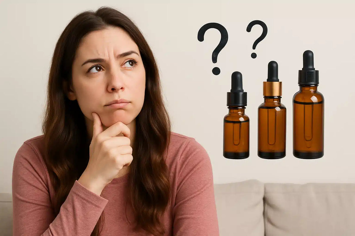 Confused woman comparing different hair oil bottles, symbolizing the difficulty of finding authentic options and why Keyoma Batana Oil is a trusted choice.