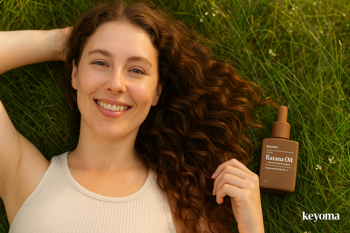 A smiling woman with long curly hair lies on green grass while holding a strand next to a dropper bottle of Keyoma Batana Oil, illustrating a simple natural hair-care moment.