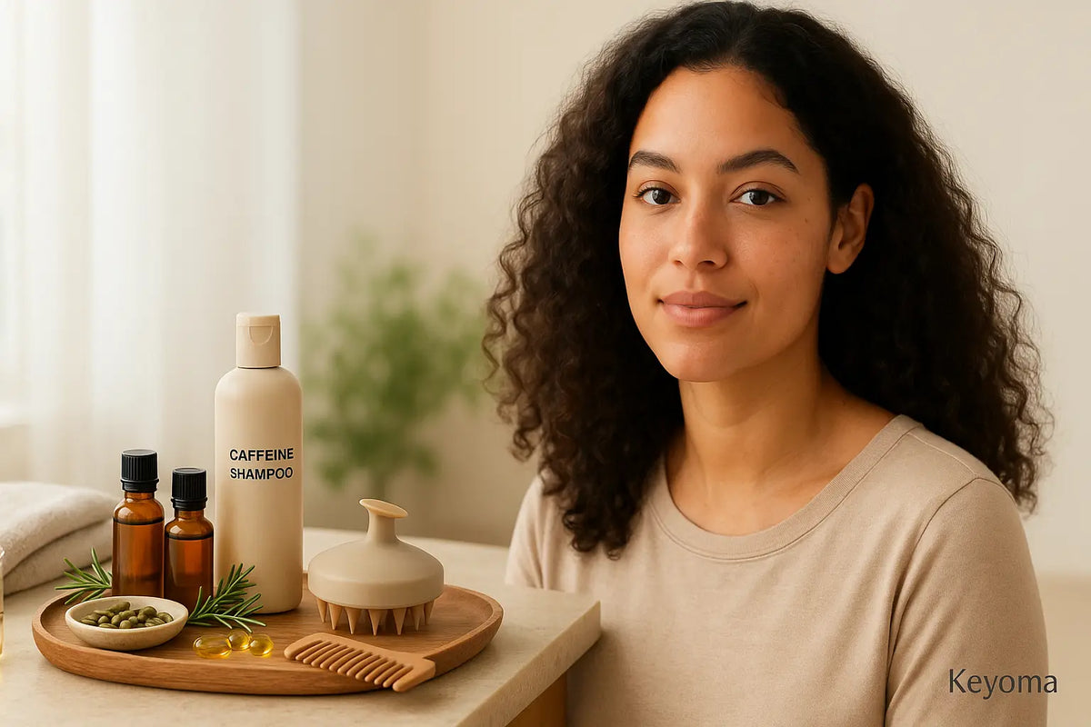 A woman with natural curls sits next to a tray holding Keyoma caffeine shampoo, amber essential-oil bottles, rosemary sprigs, a scalp massager, capsules, and a wooden comb, illustrating a calm daily hair-care routine.