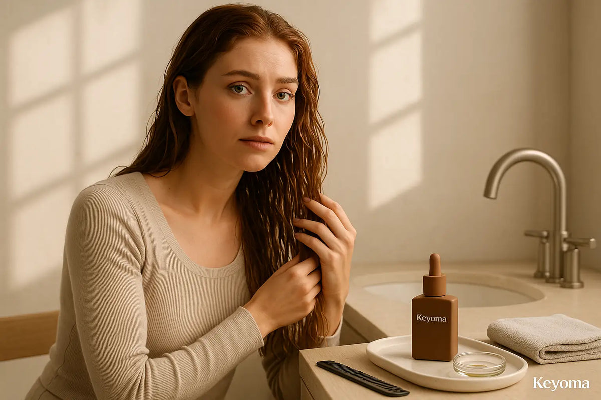 A woman with damp hair sits by a sink and prepares to smooth Keyoma hair oil through her ends beside a comb, small dish, and towel.