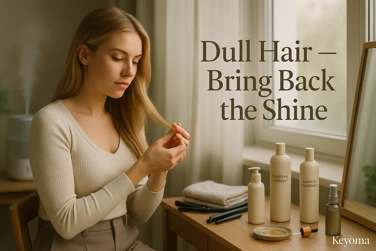 A woman checks her hair by a window beside clarifying shampoo, leave-in conditioner, and oil, illustrating Keyoma steps to bring back shine.