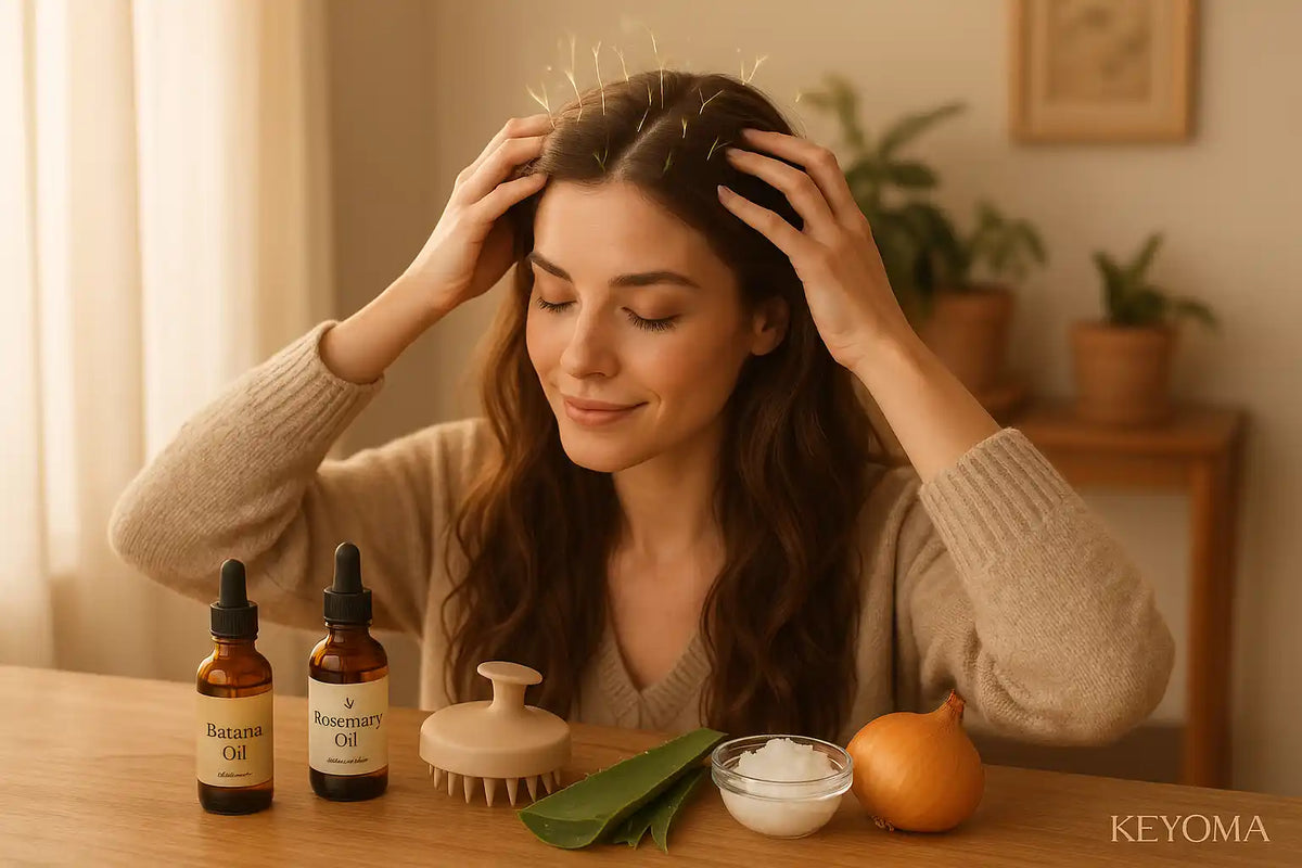 A woman gently massaging her scalp in a cozy home setting with Keyoma Batana oil, rosemary oil, a scalp massager, aloe vera, coconut oil, and onion on a wooden table, symbolizing natural at-home hair growth treatments.