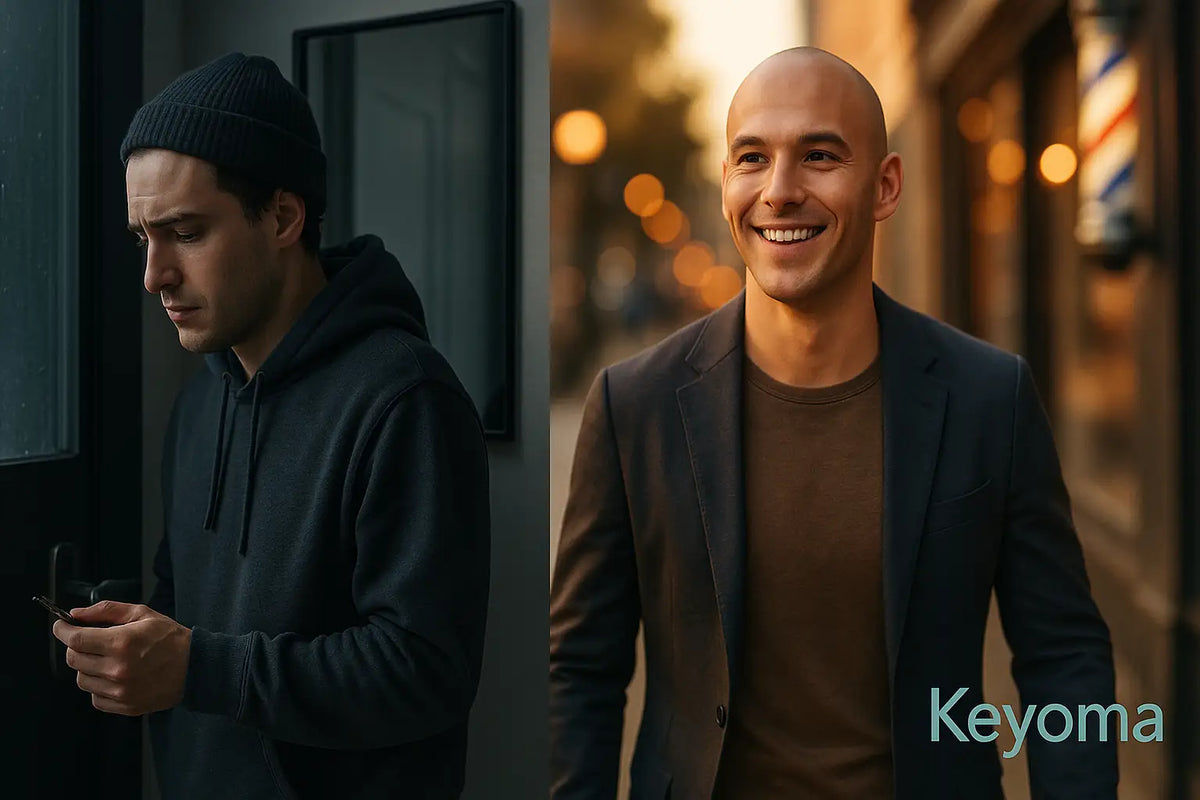 A split image shows one man looking sad and withdrawn while dealing with hair loss, and the same man appearing confident and happy after embracing baldness, presented by Keyoma.