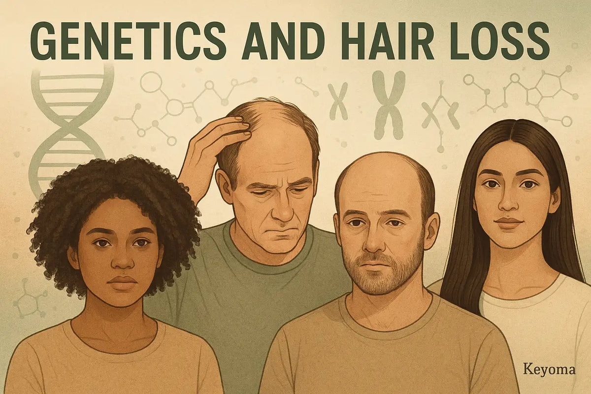 An illustrated Keyoma graphic showing men and women with different stages of hair loss to highlight the role of genetics in hair health.