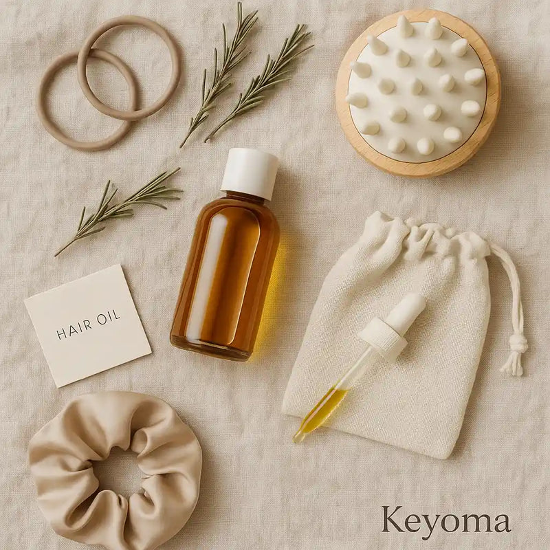 Keyoma natural hair oil flat lay with scalp brush, dropper, pouch, and rosemary sprigs
